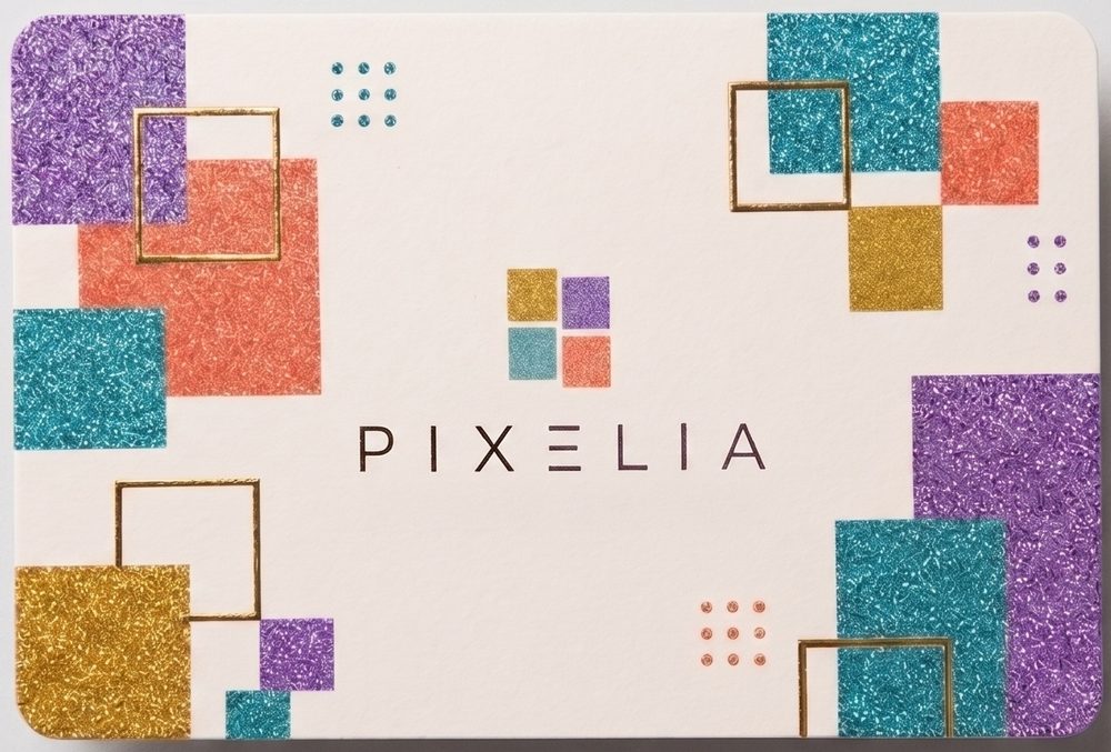 Foil Highlights business cards, Pixelia colorful gold-foil squares design