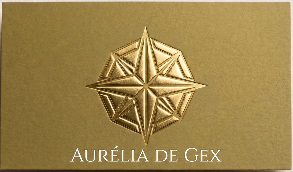 Foil Relief business cards, Aurélia de Gex gold foil star medallion