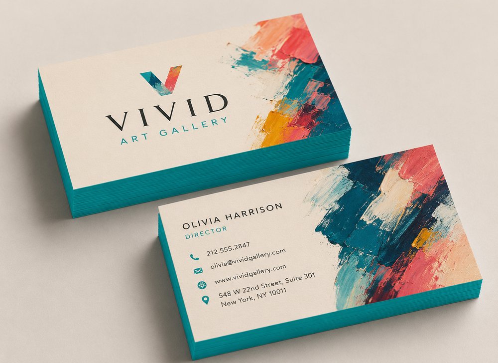 Painted Edge business cards, gold foil accent stack