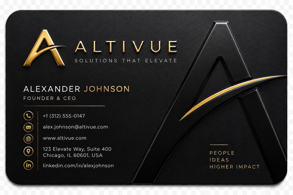Raised Gloss Finish business cards, Altivue gold on black design